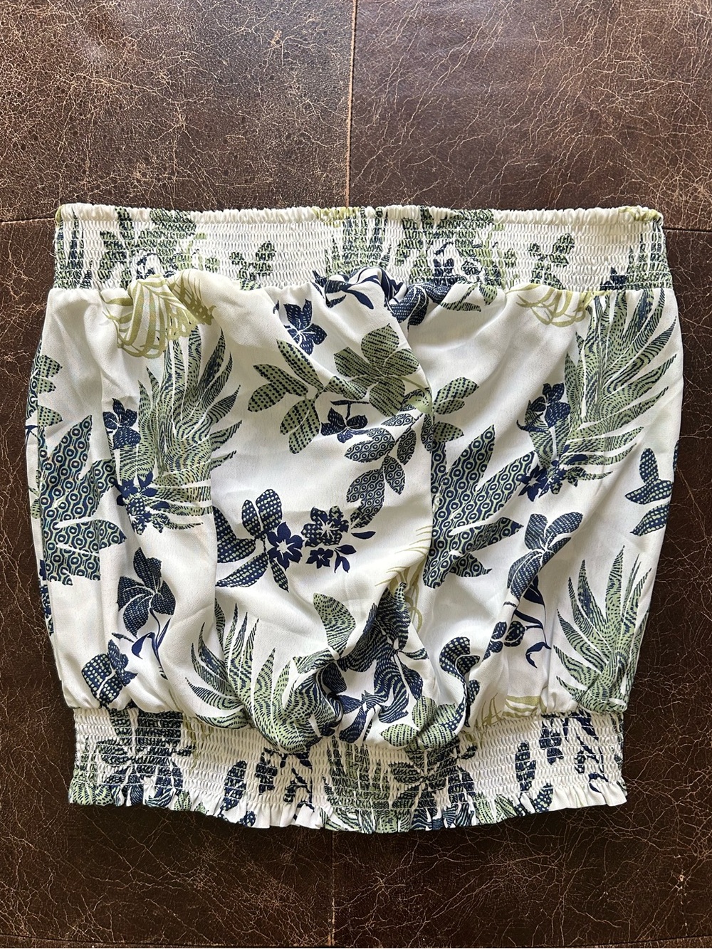 Naked Zebra Strapless Tropical Palm Leaf Print Tube Top Smocked Neck and Hem